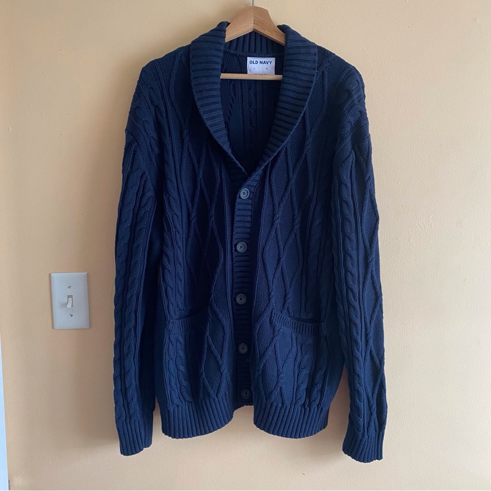 Old Navy Shawl Collar Fisherman Cardigan Men Large Cable Knit Navy Blue Cozy - Picture 2 of 13